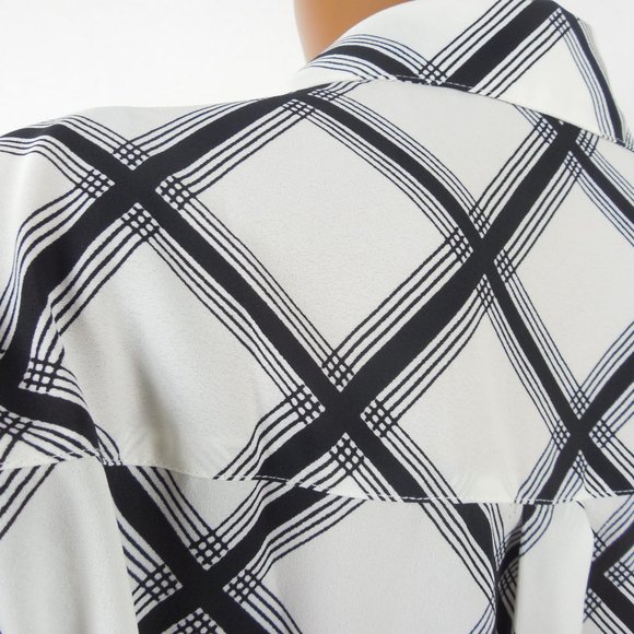 EXPRESS Top L Button Down Blouse White/Black Shirt Checks Roll Tab Long Sleeves - Picture 10 of 12